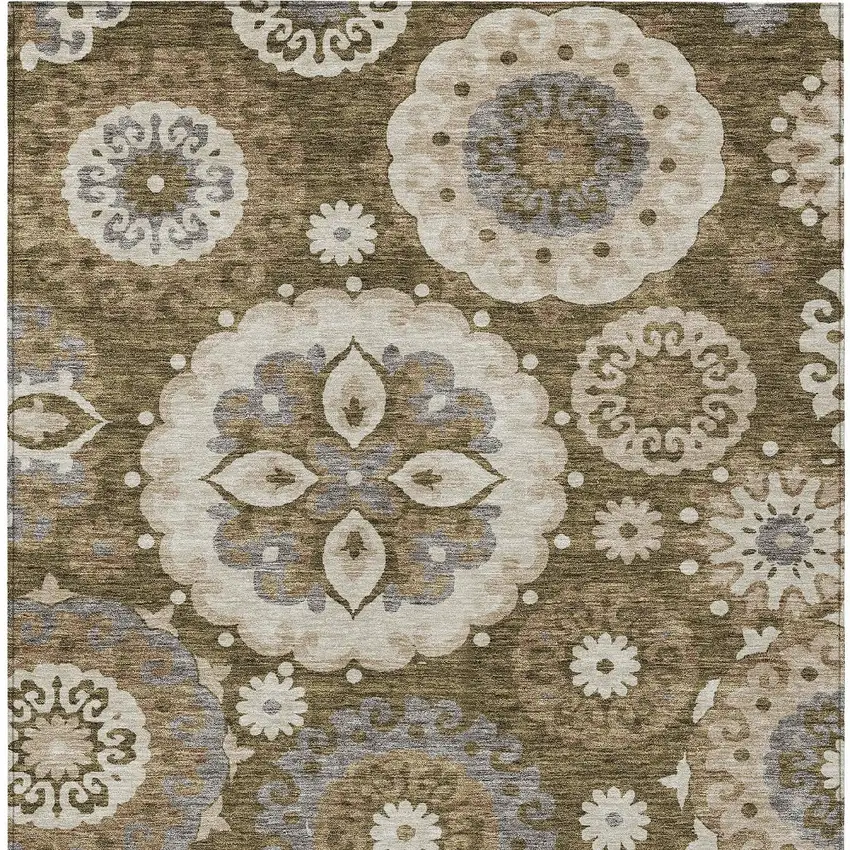 Brown Ivory And Beige Floral Medallion Washable Indoor Outdoor Area Rug Photo 5