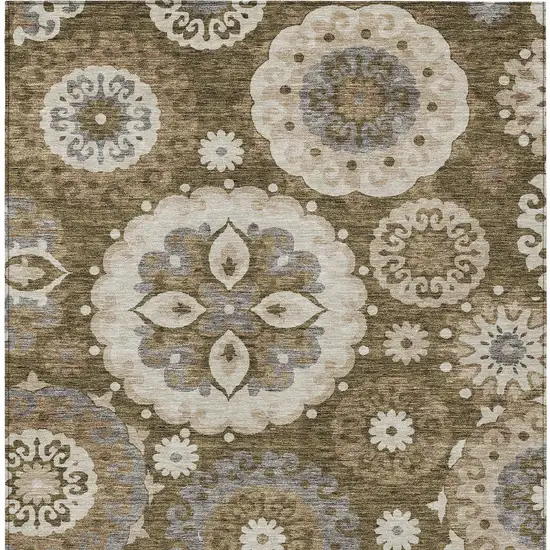 Brown Ivory And Beige Floral Medallion Washable Indoor Outdoor Area Rug Photo 5