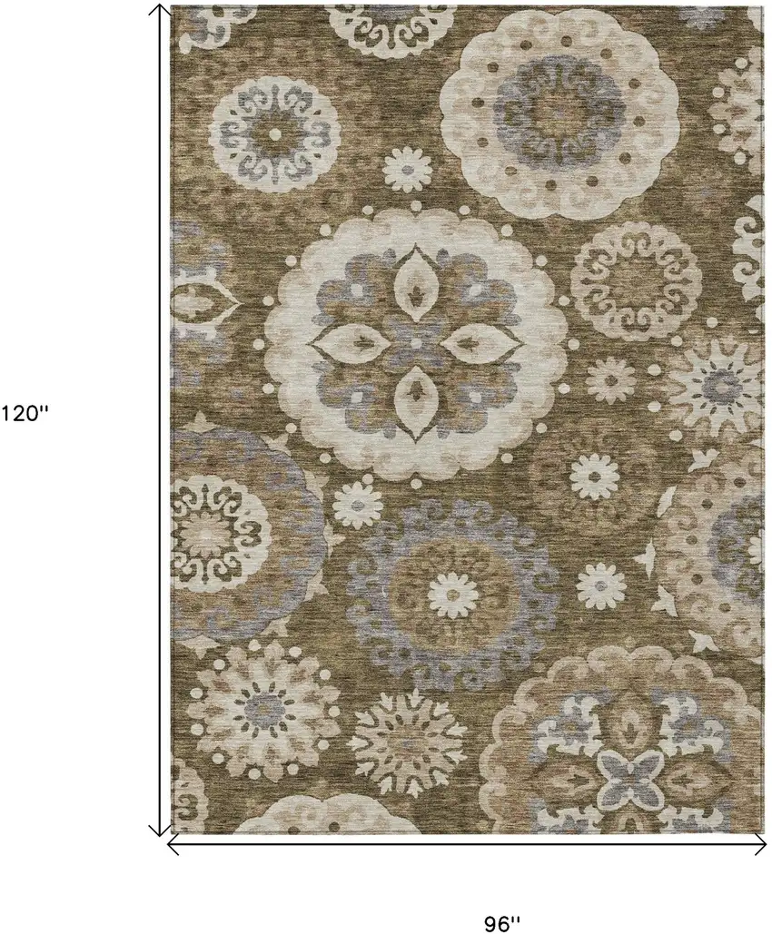 Brown Ivory And Beige Floral Medallion Washable Indoor Outdoor Area Rug Photo 3