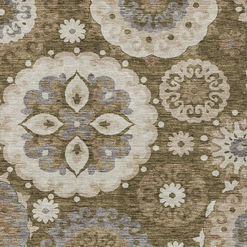 Brown Ivory And Beige Floral Medallion Washable Indoor Outdoor Area Rug Photo 4