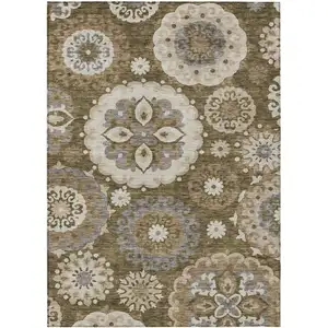 Photo of Brown Ivory And Beige Floral Medallion Washable Indoor Outdoor Area Rug