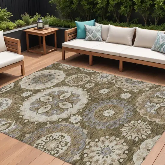 Brown Ivory And Beige Floral Medallion Washable Indoor Outdoor Area Rug Photo 1
