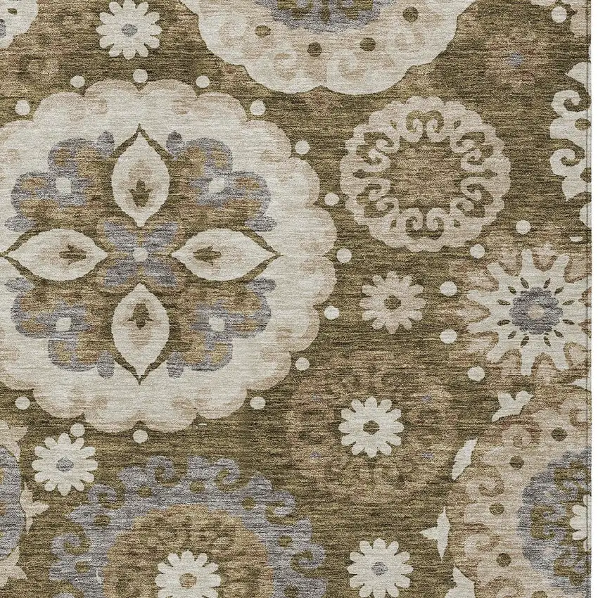 Brown Ivory And Beige Floral Medallion Washable Indoor Outdoor Area Rug Photo 4