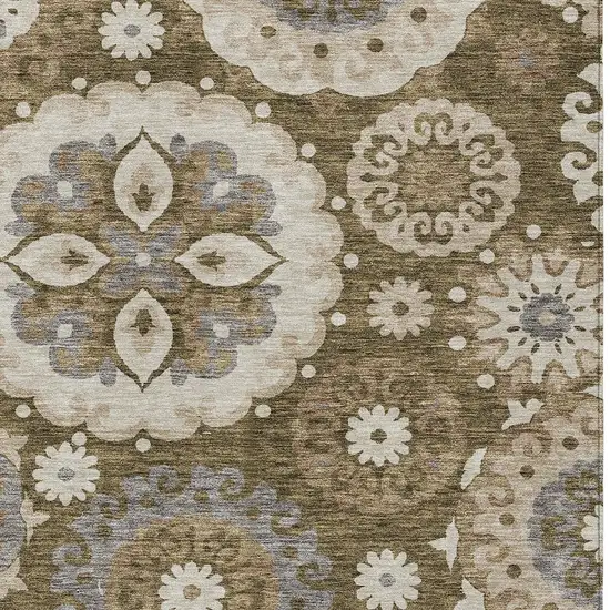 Brown Ivory And Beige Floral Medallion Washable Indoor Outdoor Area Rug Photo 4