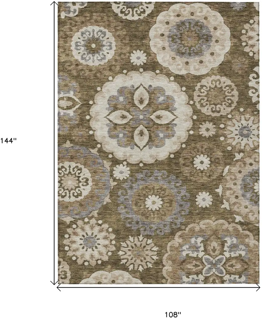 Brown Ivory And Beige Floral Medallion Washable Indoor Outdoor Area Rug Photo 3