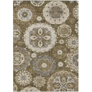 Photo of Brown Ivory And Beige Floral Medallion Washable Indoor Outdoor Area Rug