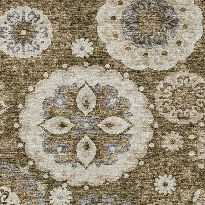 Brown Ivory And Beige Floral Medallion Washable Indoor Outdoor Area Rug Photo 4