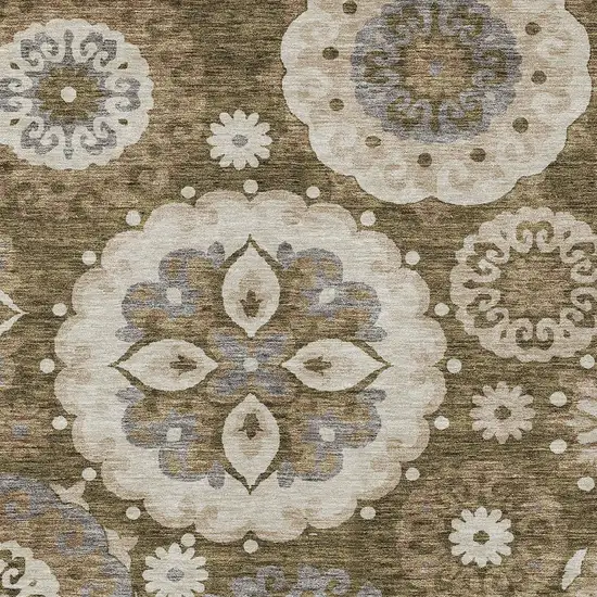 Brown Ivory And Beige Floral Medallion Washable Indoor Outdoor Area Rug Photo 4