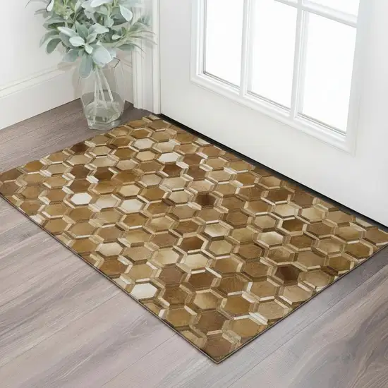 Brown Ivory And Beige Geometric Washable Area Rug With UV Protection Photo 1