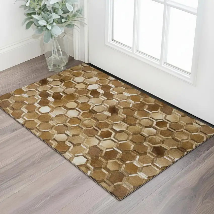 Brown Ivory And Beige Geometric Washable Area Rug With UV Protection Photo 1