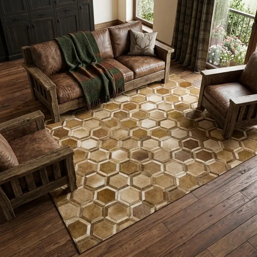 Brown Ivory And Beige Geometric Washable Area Rug With UV Protection Photo 1