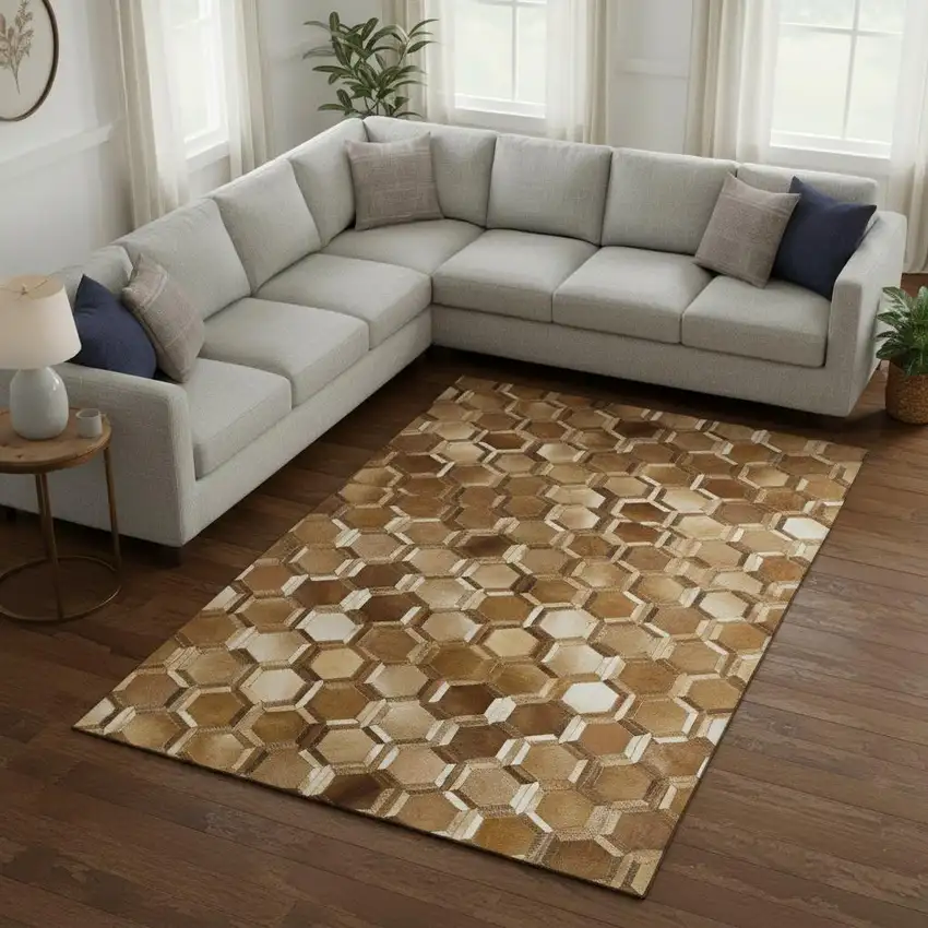Brown Ivory And Beige Geometric Washable Area Rug With UV Protection Photo 1