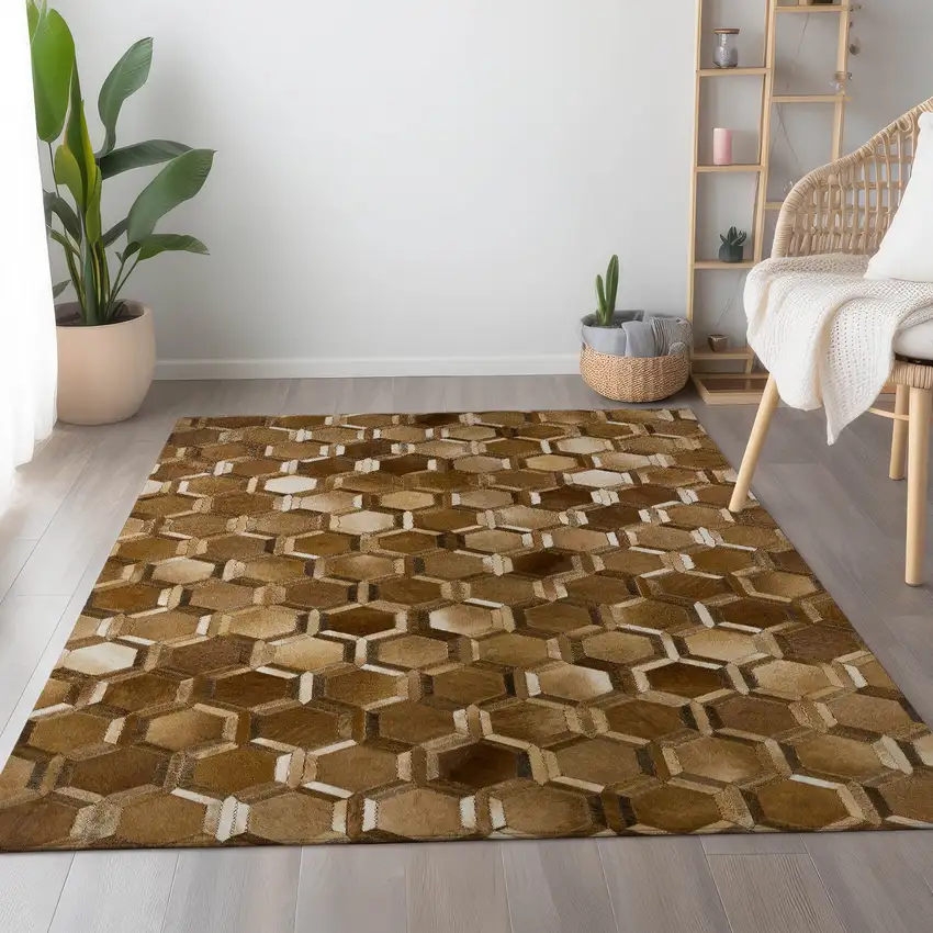 Brown Ivory And Beige Geometric Washable Area Rug With UV Protection Photo 4
