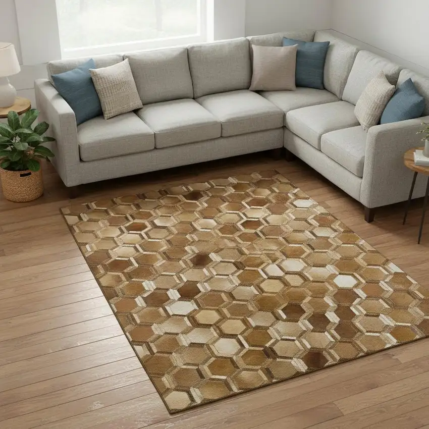 Brown Ivory And Beige Geometric Washable Area Rug With UV Protection Photo 1