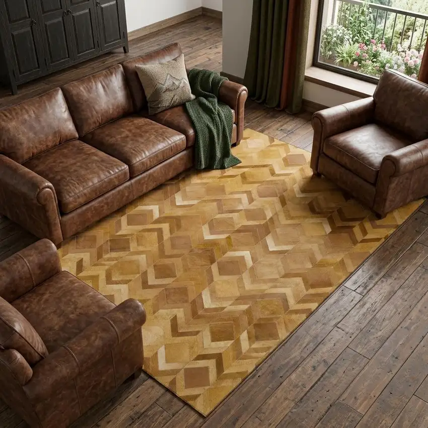 Brown Ivory And Beige Geometric Washable Area Rug With UV Protection Photo 1