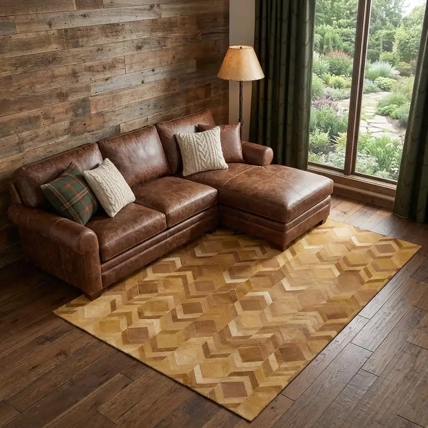 Brown Ivory And Beige Geometric Washable Area Rug With UV Protection Photo 1