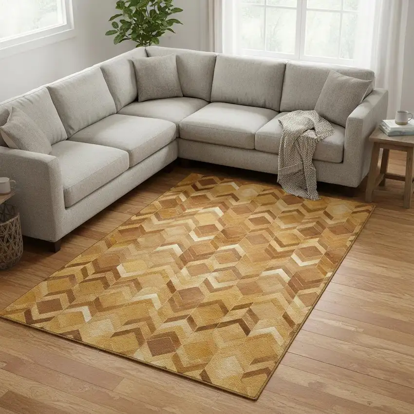 Brown Ivory And Beige Geometric Washable Area Rug With UV Protection Photo 2