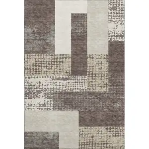 Photo of Brown Ivory And Beige Geometric Washable Area Rug With UV Protection