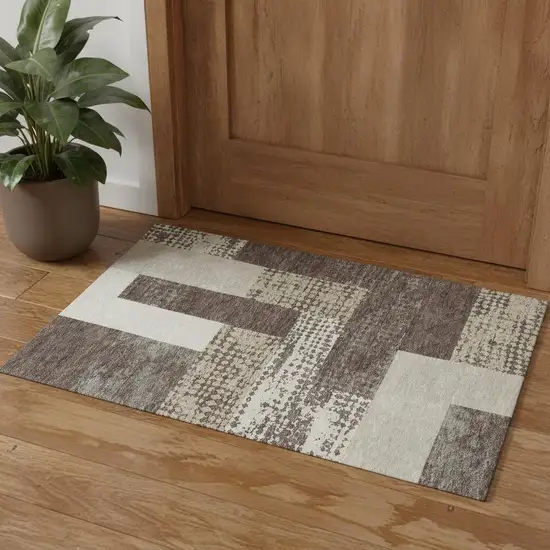 Brown Ivory And Beige Geometric Washable Area Rug With UV Protection Photo 2