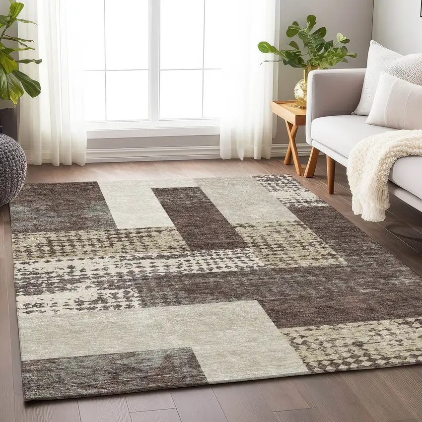 Brown Ivory And Beige Geometric Washable Area Rug With UV Protection Photo 4