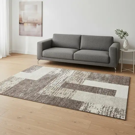 Brown Ivory And Beige Geometric Washable Area Rug With UV Protection Photo 2