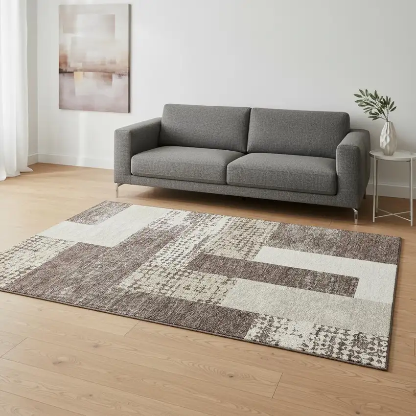 Brown Ivory And Beige Geometric Washable Area Rug With UV Protection Photo 2