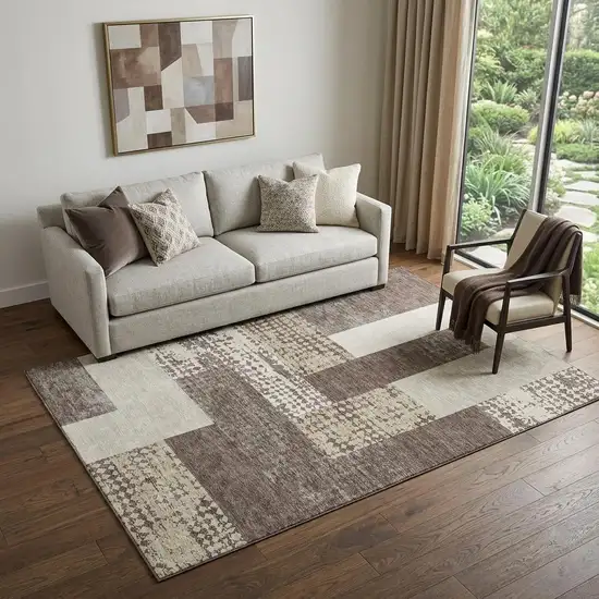 Brown Ivory And Beige Geometric Washable Area Rug With UV Protection Photo 1