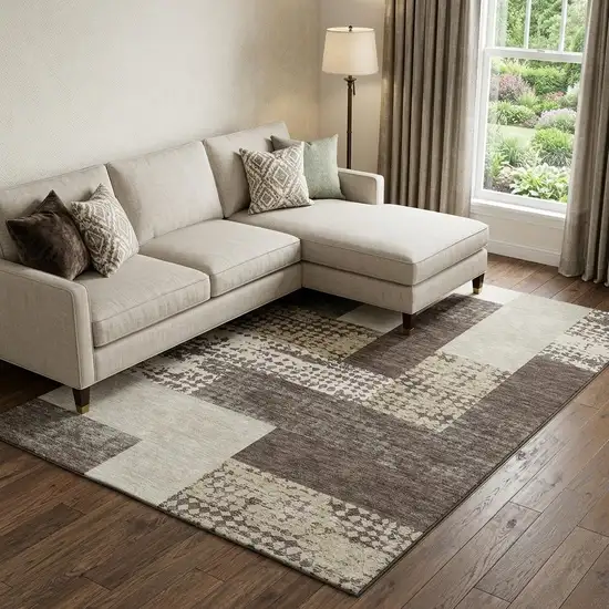 Brown Ivory And Beige Geometric Washable Area Rug With UV Protection Photo 1