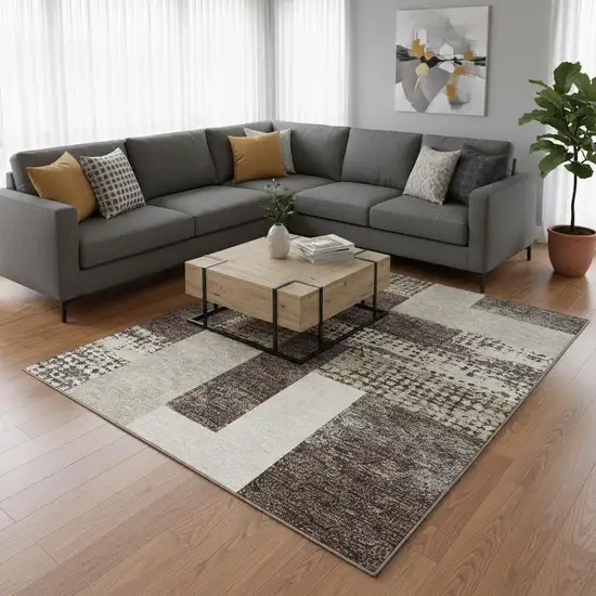 Brown Ivory And Beige Geometric Washable Area Rug With UV Protection Photo 2