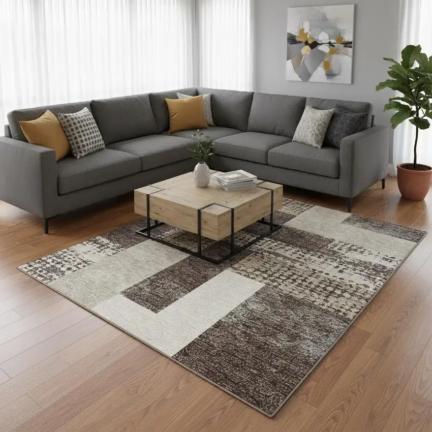 Brown Ivory And Beige Geometric Washable Area Rug With UV Protection Photo 2