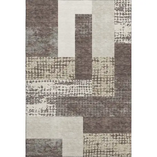 Brown Ivory And Beige Geometric Washable Area Rug With UV Protection Photo 1