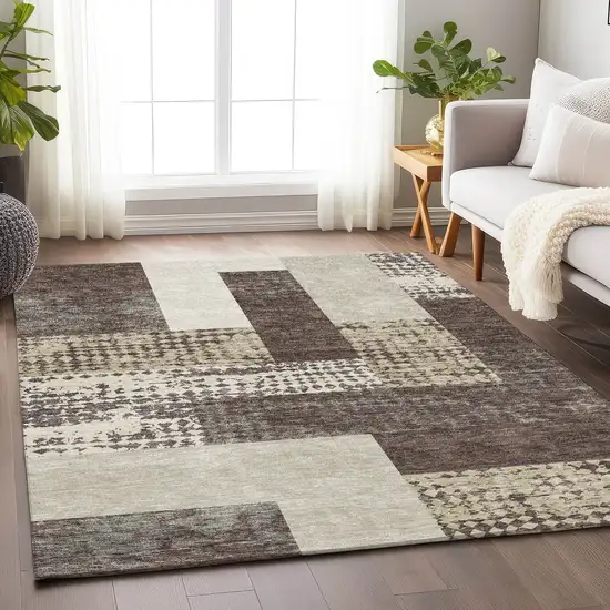 Brown Ivory And Beige Geometric Washable Area Rug With UV Protection Photo 4