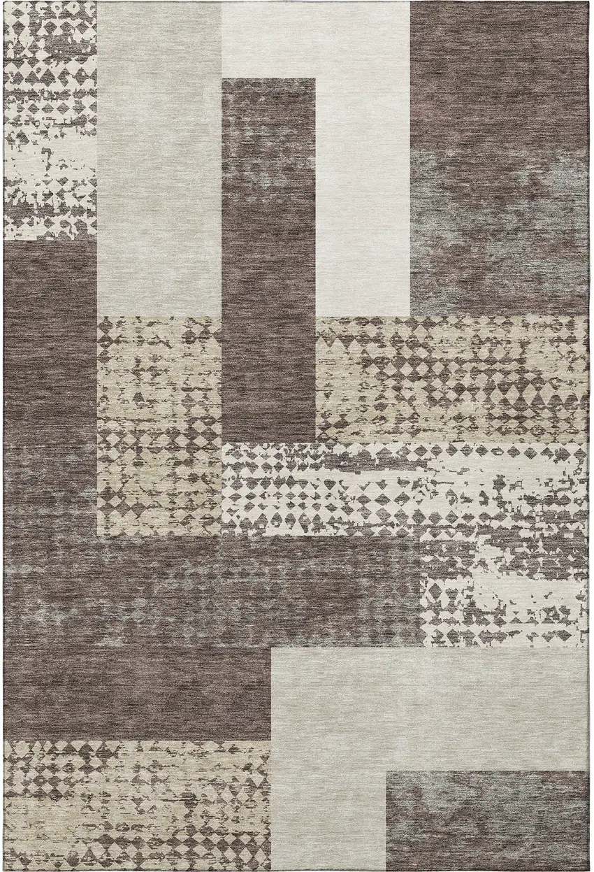 Brown Ivory And Beige Geometric Washable Area Rug With UV Protection Photo 3
