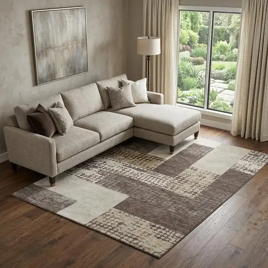 Brown Ivory And Beige Geometric Washable Area Rug With UV Protection Photo 1