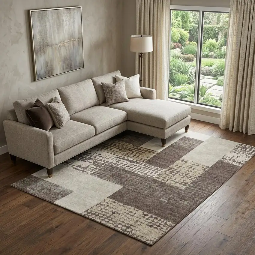 Brown Ivory And Beige Geometric Washable Area Rug With UV Protection Photo 1
