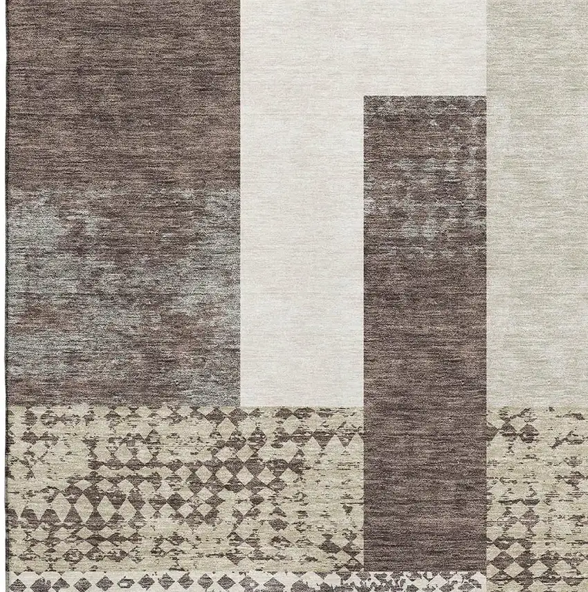 Brown Ivory And Beige Geometric Washable Area Rug With UV Protection Photo 3