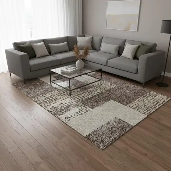 Brown Ivory And Beige Geometric Washable Area Rug With UV Protection Photo 2