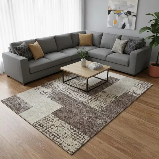 Brown Ivory And Beige Geometric Washable Area Rug With UV Protection Photo 2