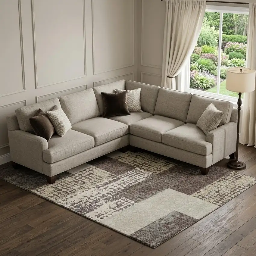 Brown Ivory And Beige Geometric Washable Area Rug With UV Protection Photo 1