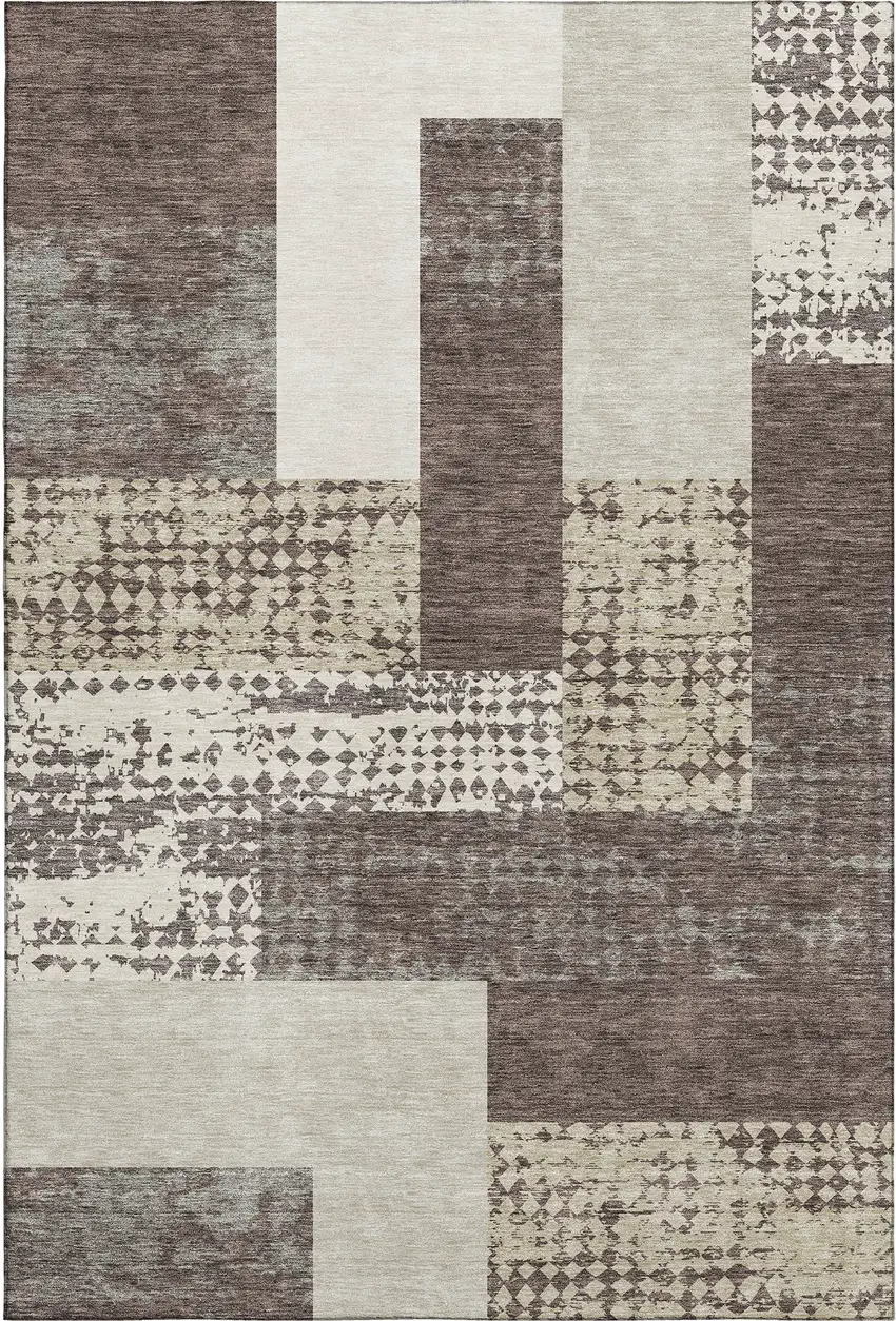 Brown Ivory And Beige Geometric Washable Area Rug With UV Protection Photo 1