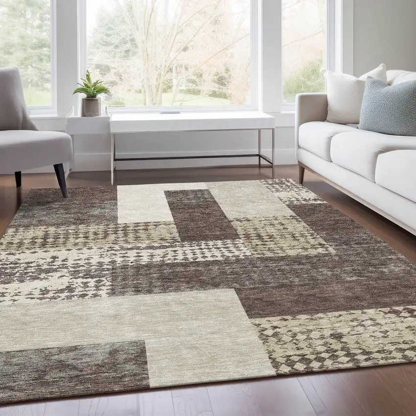 Brown Ivory And Beige Geometric Washable Area Rug With UV Protection Photo 5