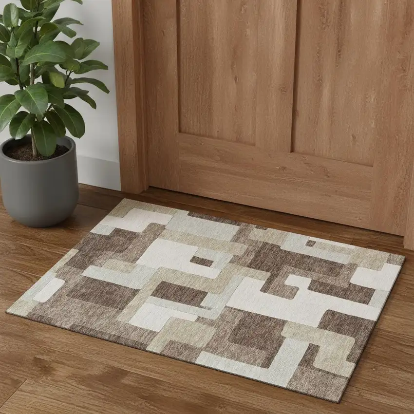 Brown Ivory And Beige Geometric Washable Area Rug With UV Protection Photo 1