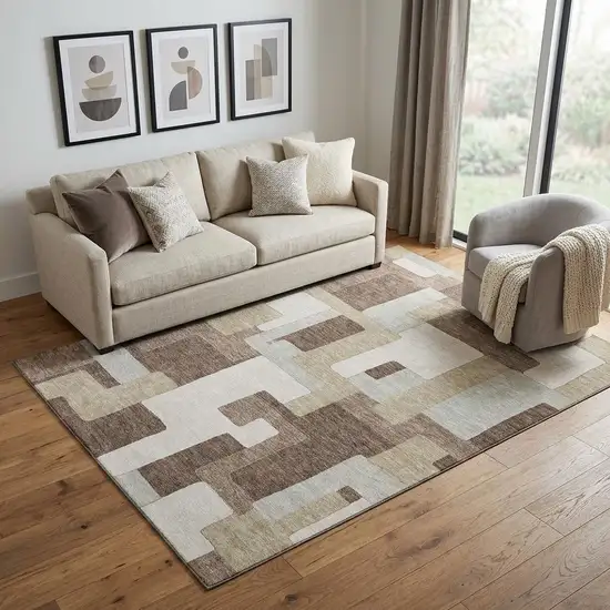 Brown Ivory And Beige Geometric Washable Area Rug With UV Protection Photo 1
