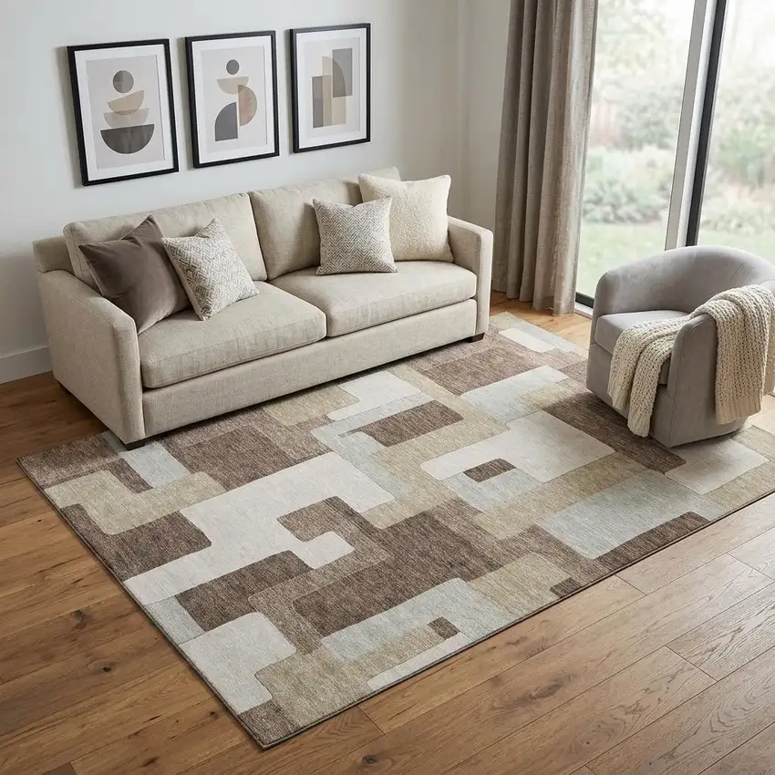 Brown Ivory And Beige Geometric Washable Area Rug With UV Protection Photo 1