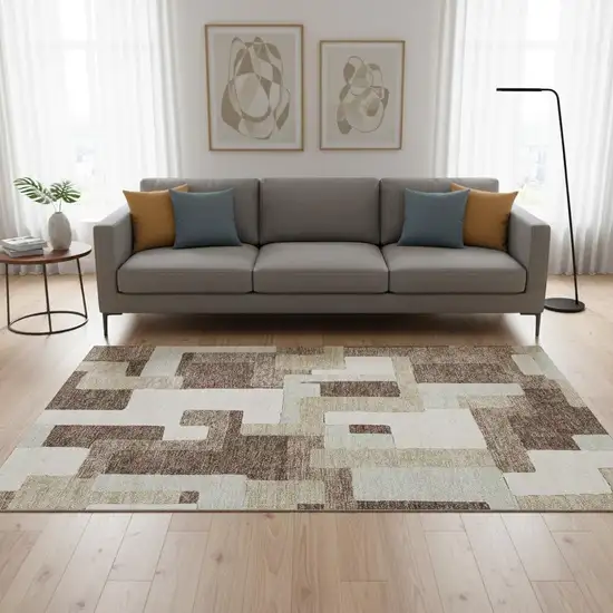 Brown Ivory And Beige Geometric Washable Area Rug With UV Protection Photo 2