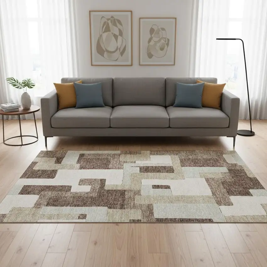 Brown Ivory And Beige Geometric Washable Area Rug With UV Protection Photo 2