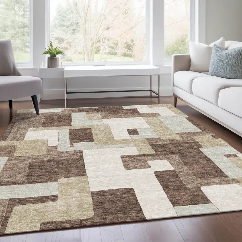 Brown Ivory And Beige Geometric Washable Area Rug With UV Protection Photo 5
