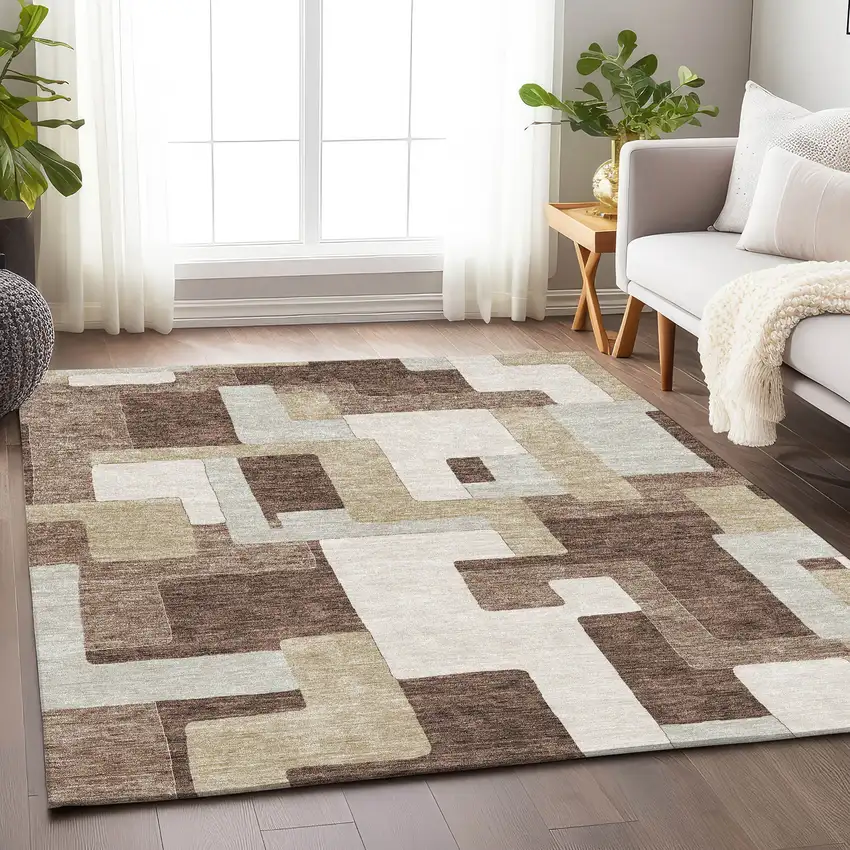 Brown Ivory And Beige Geometric Washable Area Rug With UV Protection Photo 4