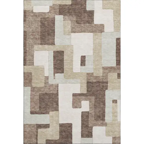 Brown Ivory And Beige Geometric Washable Area Rug With UV Protection Photo 1