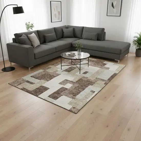 Brown Ivory And Beige Geometric Washable Area Rug With UV Protection Photo 2